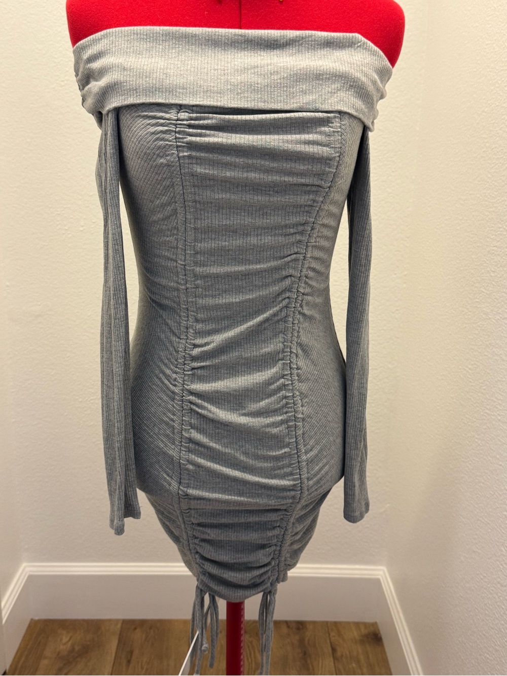 Off-Shoulder Ribbed Knit Dress in Gray